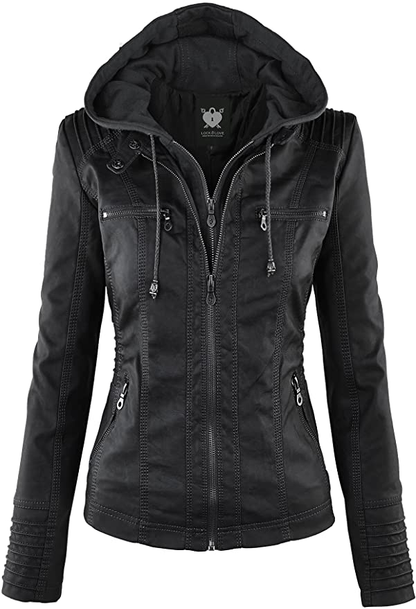 Lock and Love Women's Removable Hooded Faux Leather Moto Biker Jacket's Image
